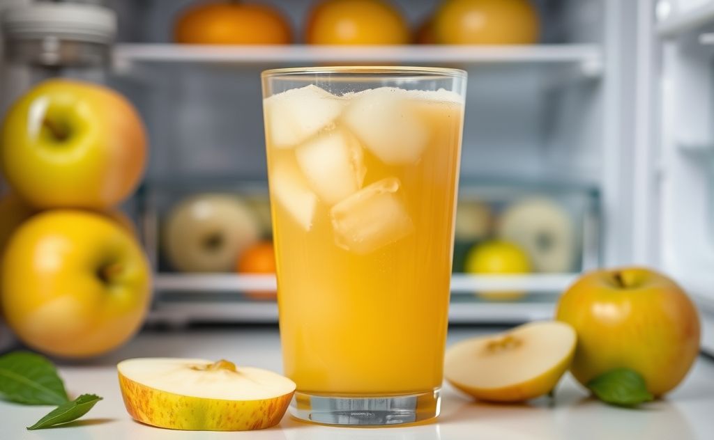 Fresh apple juice in a glass with a fridge background