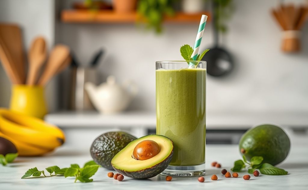 Fresh avocado smoothie in a vibrant kitchen setting