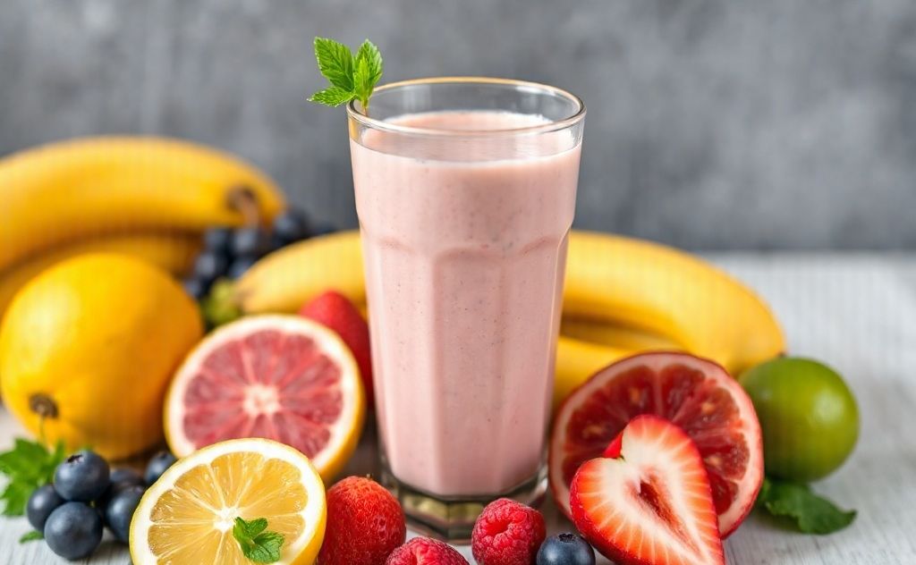 Fresh fruits blended into a creamy smoothie.