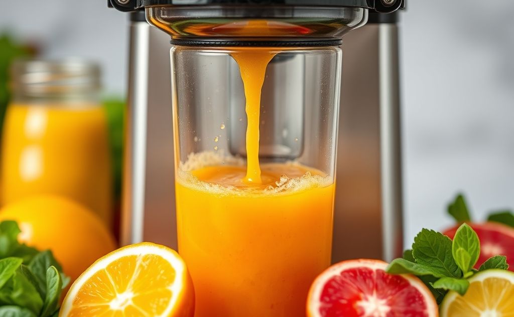 Fresh juice flowing from a vibrant extractor