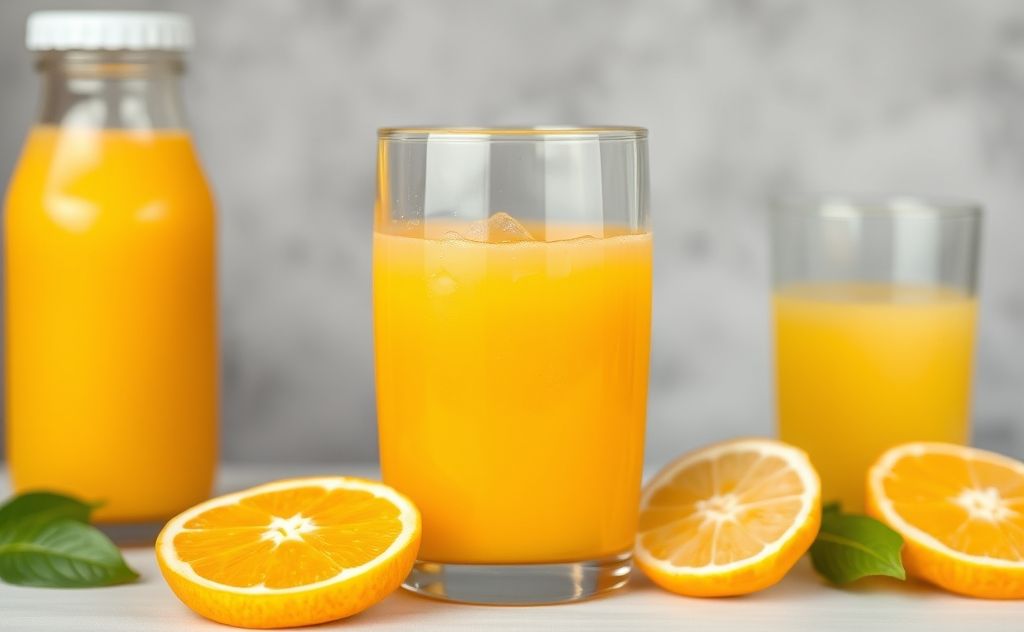 Fresh juice vibrant orange, store-bought pale yellow