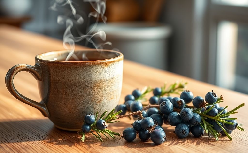 Fresh juniper berries and steaming tea cup