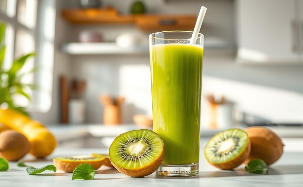 Fresh kiwi juice boosts health and vitality.