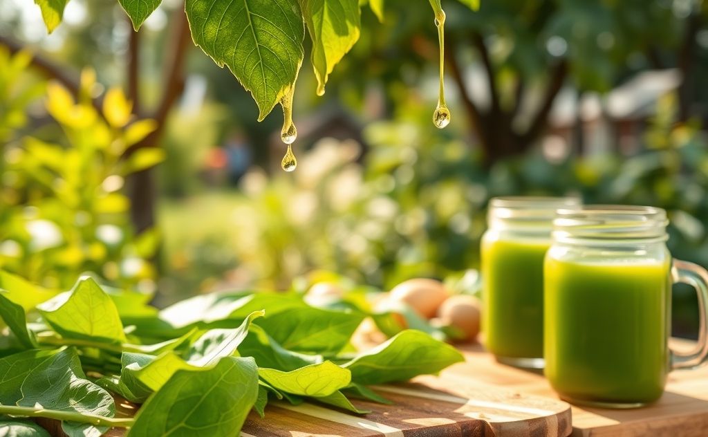 Fresh moringa leaves juicing process in nature setting
