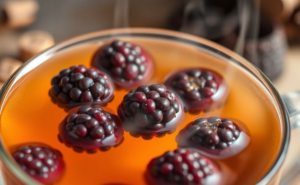 Fresh mulberries steeped in warm tea