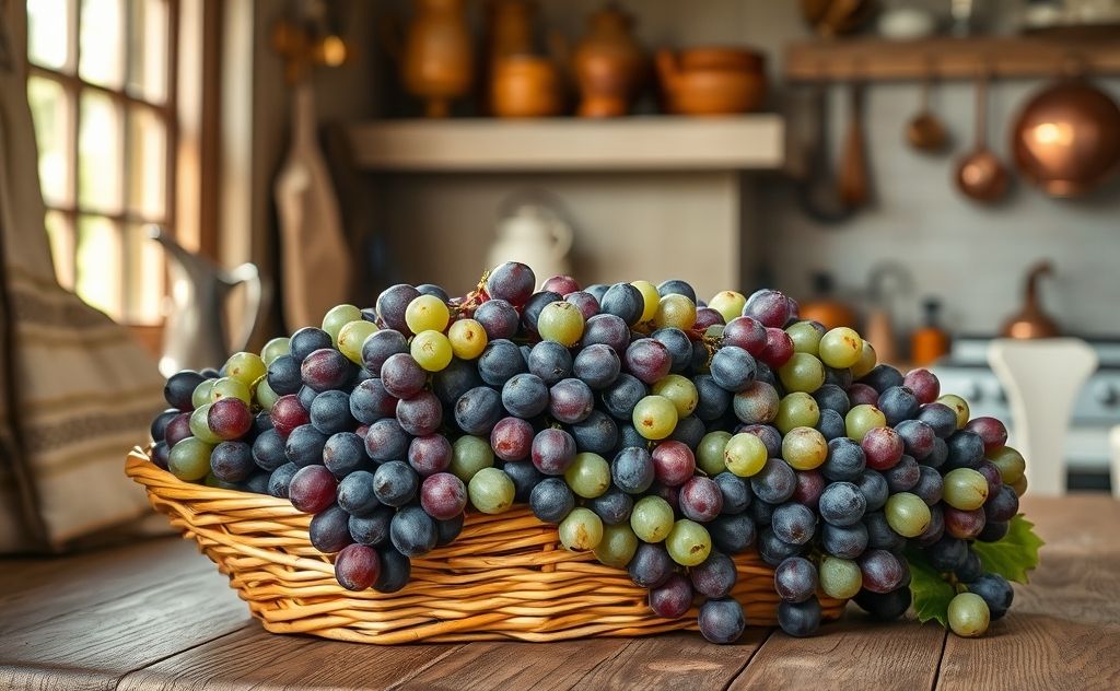 Fresh muscadine grapes in a rustic kitchen setting