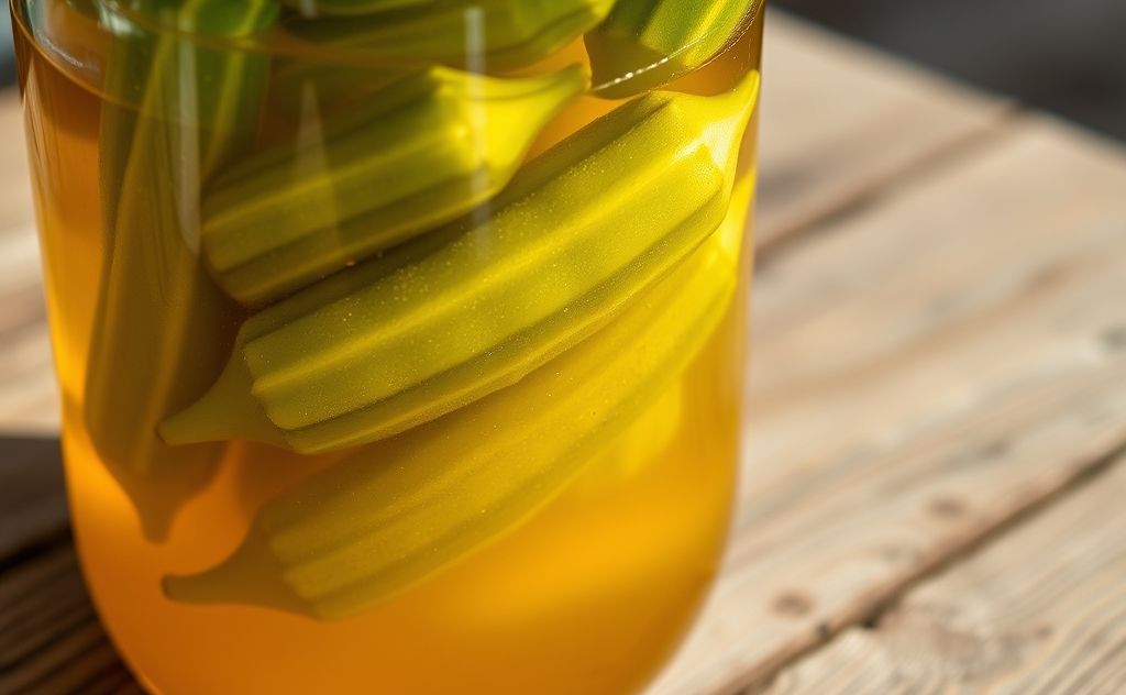 Fresh okra soaking in pickle juice jar