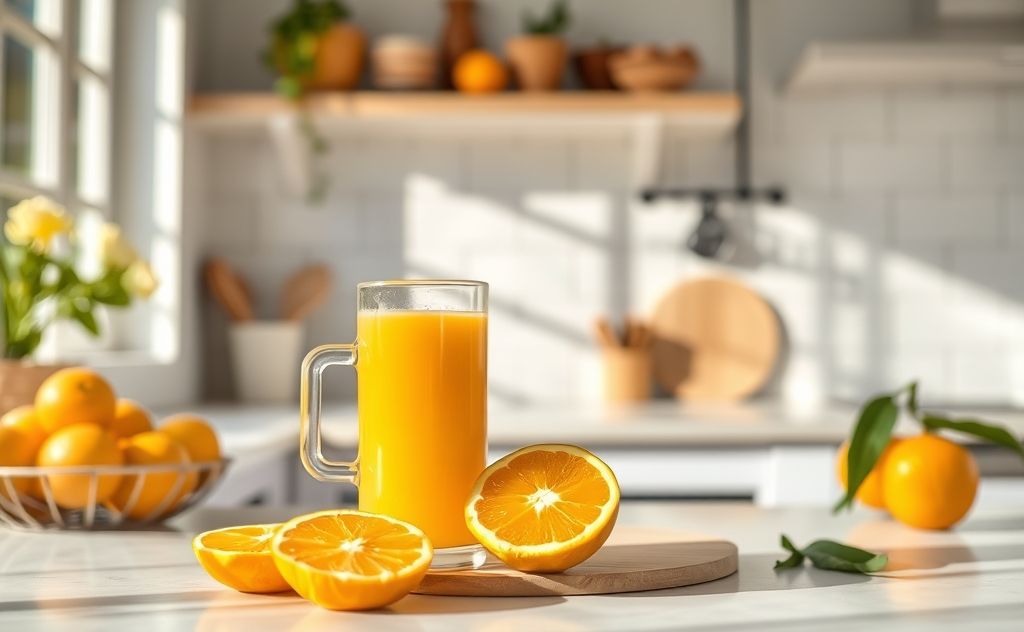 Fresh orange juice in a sunny kitchen setting