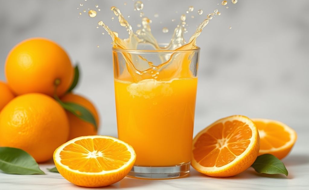 Fresh oranges splashing into a glass of juice.