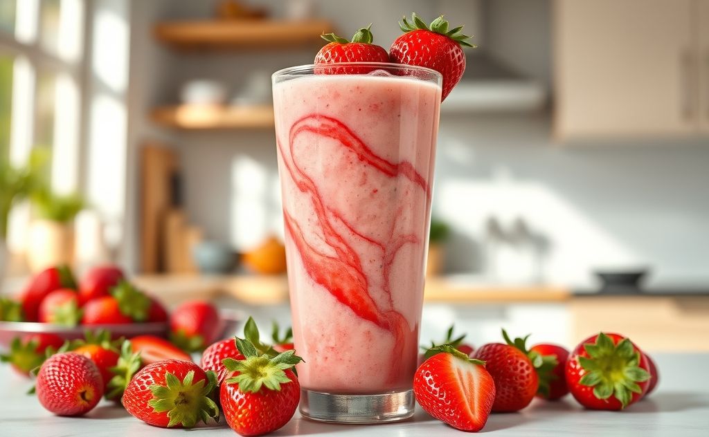 Fresh strawberries blended into a delicious smoothie.