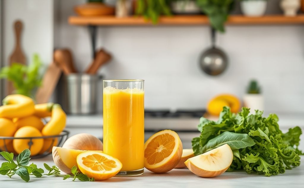 Fresh summer squash juice in a vibrant kitchen setting