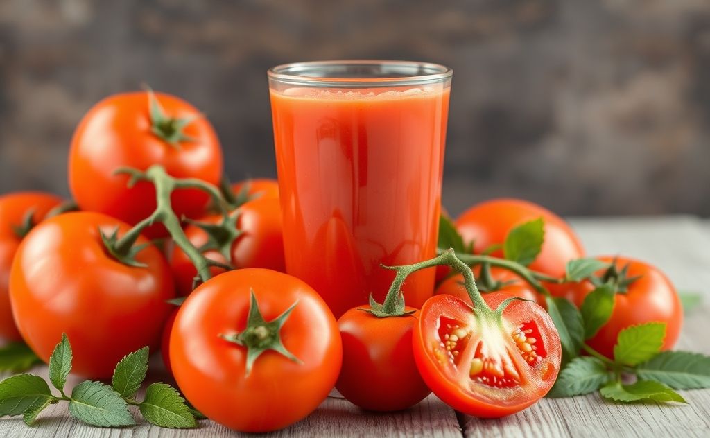 Fresh tomatoes with a glass of vibrant juice.