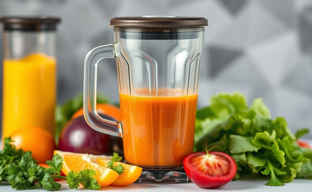 Fresh vegetable juice in a vibrant blender setting