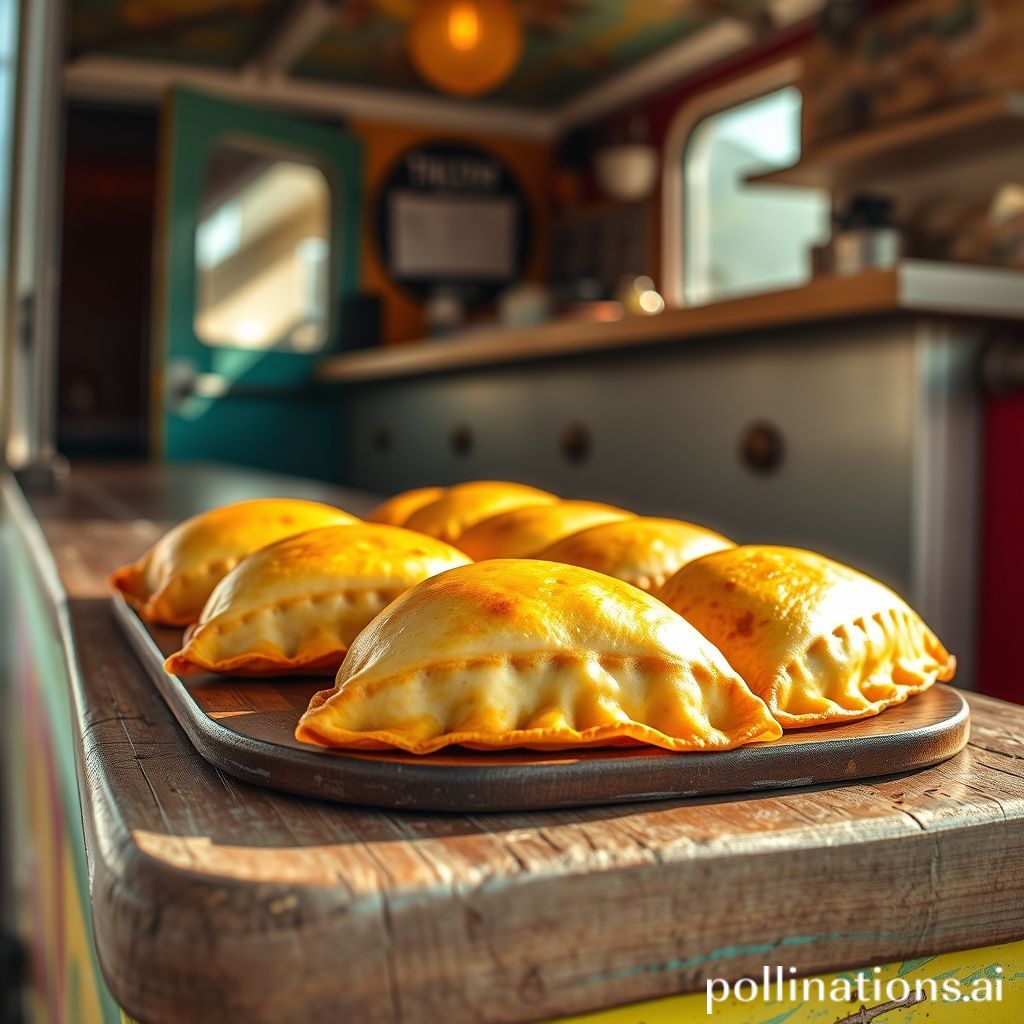 Image of fresh-baked empanadas on a rustic food truck tray