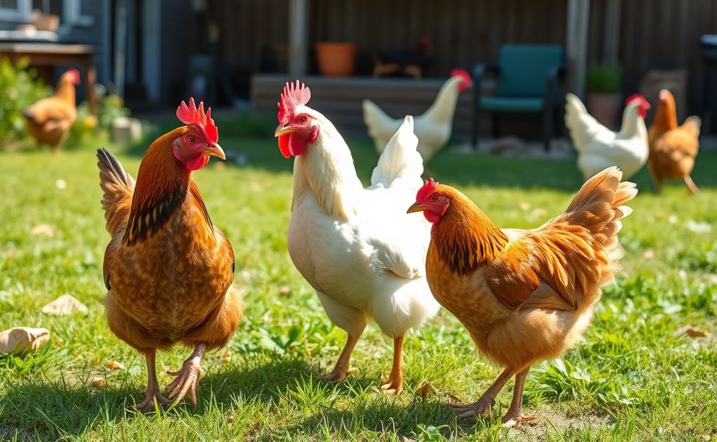 Friendly chickens interacting in a sunny yard