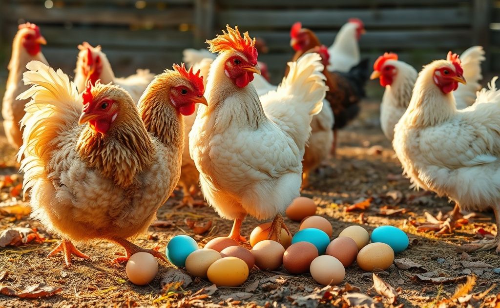 Frizzle chickens and their colorful eggs