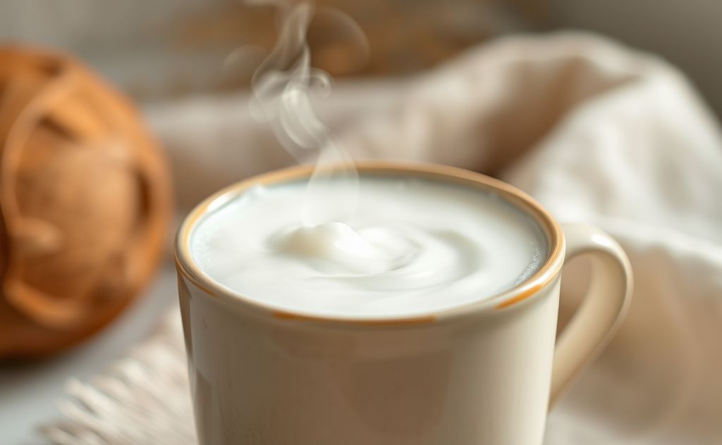 Frothy coconut milk in a cup with steam