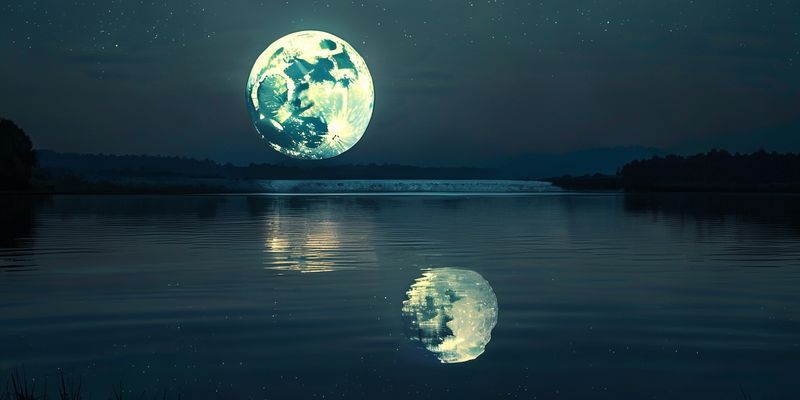 Full moon shining over a calm lake, reflecting the moonlight