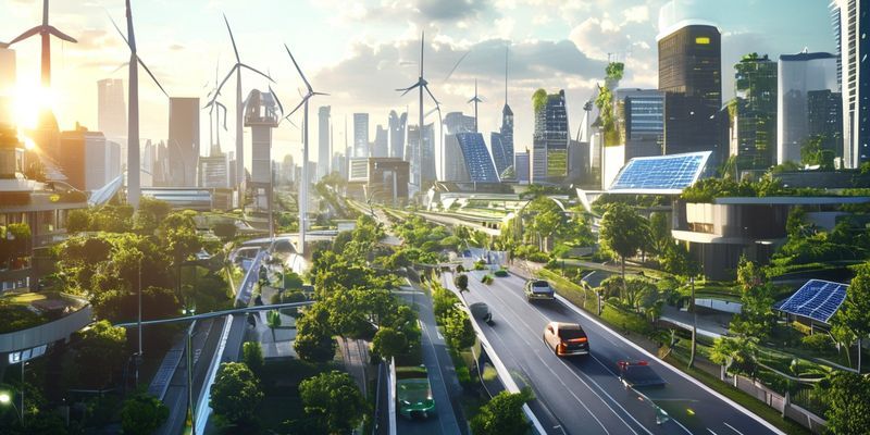 مدينة ذكية مستقبلية تظهر بنية تحتية خضراء متكاملة، ومصادر طاقة متجددة، ومركبات كهربائية، ومباني مستدامة.