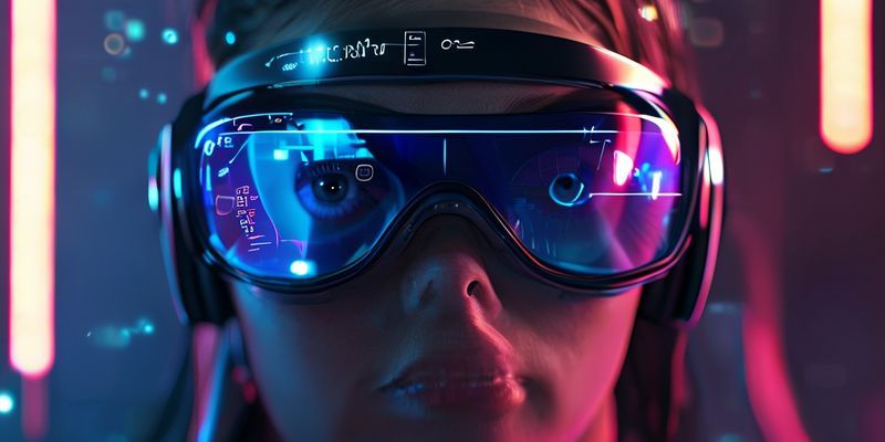 Futuristic smart glasses or a subtle headband worn by a pro gamer, displaying AI-driven eye health data overlays, indicating real-time eye strain monitoring and suggesting breaks, joyful ambiance
