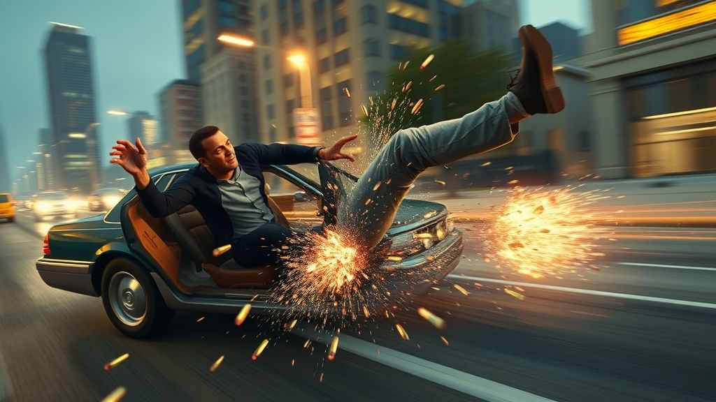 AI Image 2 – Slow-mo Euphoria physics: Niko diving sideways, bullets shredding car door