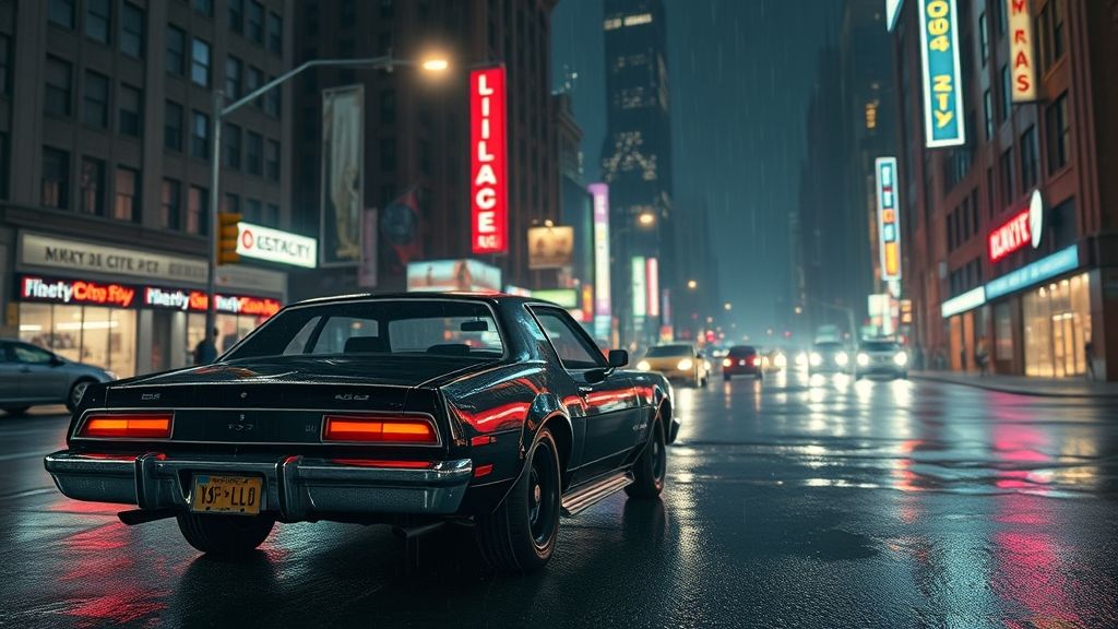 AI Image 3 – Niko cruising in a black Vincent at night, neon lights reflecting off wet asphalt