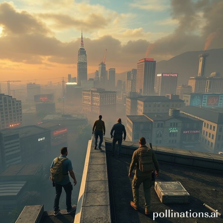 AI Generated Image: GTA 5 modded as a zombie apocalypse with survivors on rooftop