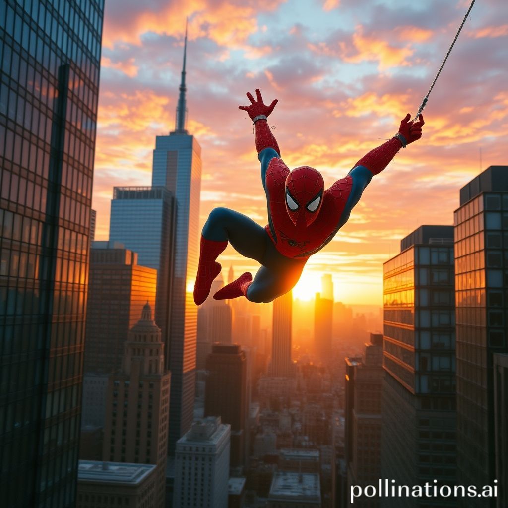 Gambar Spider-Man berayun dinamis melintasi lanskap kota New York yang sibuk saat senja. Dia mengenakan kostum merah dan biru klasiknya, dengan gedung pencakar langit ikonik di latar belakang dan cahaya keemasan matahari terbenam yang memancarkan siluetnya.
