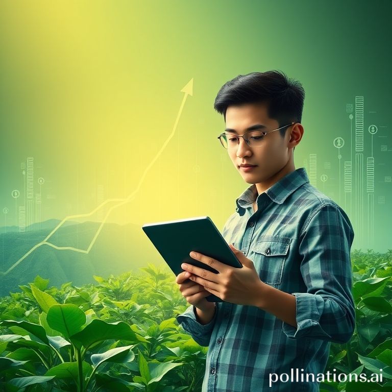 Gambar digital art yang cerah dan modern. Di tengah, ada representasi grafis 'growth chart' atau grafik saham yang naik ke atas, dengan simbol mata uang Rupiah dan Dolar bertebaran. Latar belakang menunjukkan perpaduan elemen alam (perkebunan kelapa sawit yang hijau, siluet tambang batubara di kejauhan) dan elemen teknologi (chip komputer, jaring-jaring data). Ada juga siluet samar seorang pebisnis muda Gen Z yang sedang memantau tablet atau laptop dengan ekspresi optimis. Warna dominan hijau, biru, dan emas, memancarkan aura kemakmuran dan investasi cerdas. Gaya kekinian, tidak terlalu formal, tapi tetap profesional.