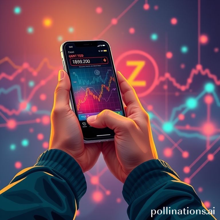 Gambar ilustrasi digital bergaya Gen Z kekinian. Fokus pada tangan memegang smartphone yang menampilkan grafik trading crypto Hyperliquid dengan warna neon cerah. Latar belakang adalah abstrak jaringan blockchain futuristik dengan elemen data mengalir dan logo Hyperliquid samar. Ada sentuhan elemen 