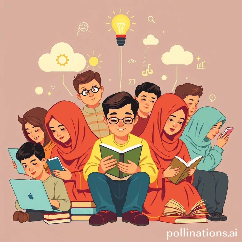 Gambar kartun berwarna cerah yang menggambarkan sekelompok orang dari berbagai usia dan latar belakang, semuanya sedang aktif belajar. Ada yang melihat laptop, membaca buku digital di tablet, dan berdiskusi dengan buku di tangan. Di latar belakang, terlihat elemen-elemen digital seperti kode biner, ikon cloud, dan jaringan yang saling terhubung, melambangkan era digital yang dinamis. Di atas kepala beberapa karakter, ada bola lampu menyala atau ikon buku terbuka, menunjukkan ide dan pengetahuan yang didapat. Suasana ceria, kolaboratif, dan futuristik.