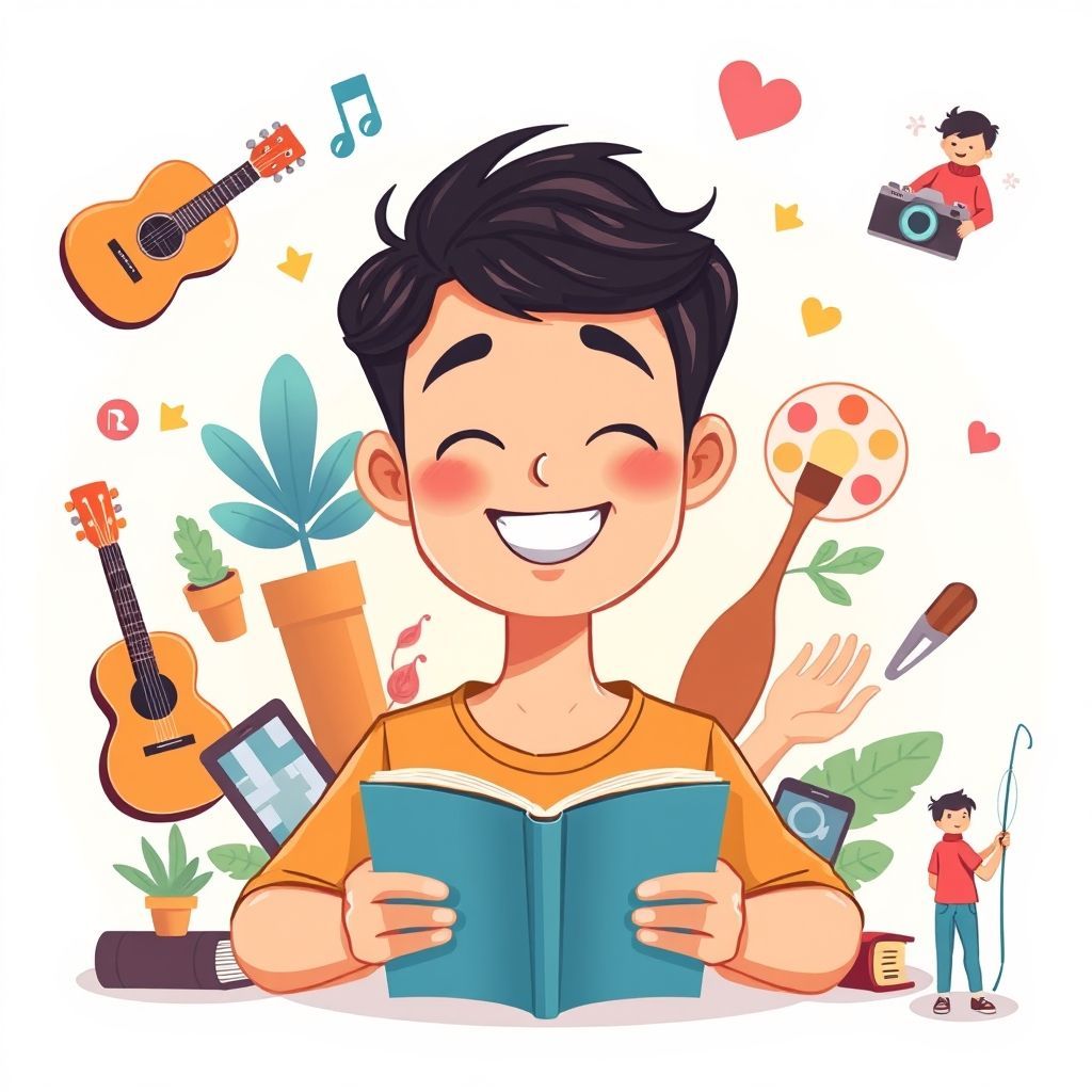 Gambar kartun ceria seorang dewasa (pria atau wanita) yang dikelilingi oleh berbagai ikon hobi yang berbeda, seperti buku terbuka, alat musik (gitar/keyboard), tanaman pot kecil, kuas lukis dengan palet, kamera, dan seorang diri sedang memegang pancing. Ekspresinya menunjukkan kegembiraan, relaksasi, dan kedamaian. Latar belakang cerah dan positif, dengan sedikit sentuhan elemen digital seperti ikon notifikasi yang 'ditinggalkan' di sudut, menunjukkan suasana hati yang baik setelah lepas dari gawai.