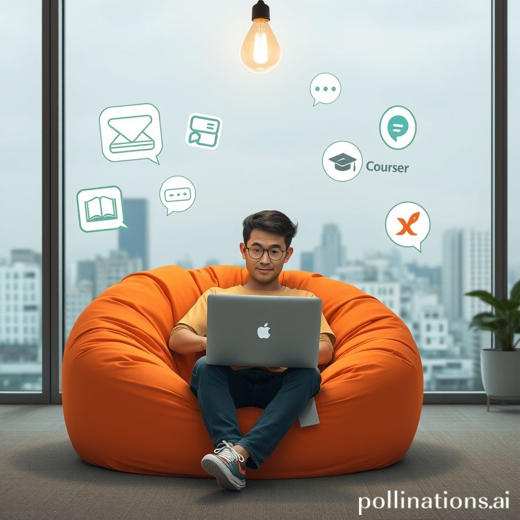 Gambar kartun seorang siswa (bisa laki-laki atau perempuan) duduk santai di bean bag atau kursi nyaman dengan laptop di pangkuannya. Di sekitar siswa tersebut, ada berbagai ikon digital yang melayang di udara, seperti ikon buku, ikon video play, ikon chat bubble, ikon sertifikat, dan logo platform belajar online (misalnya, logo Coursera atau edX yang disederhanakan). Ada aura lampu bohlam atau ikon 