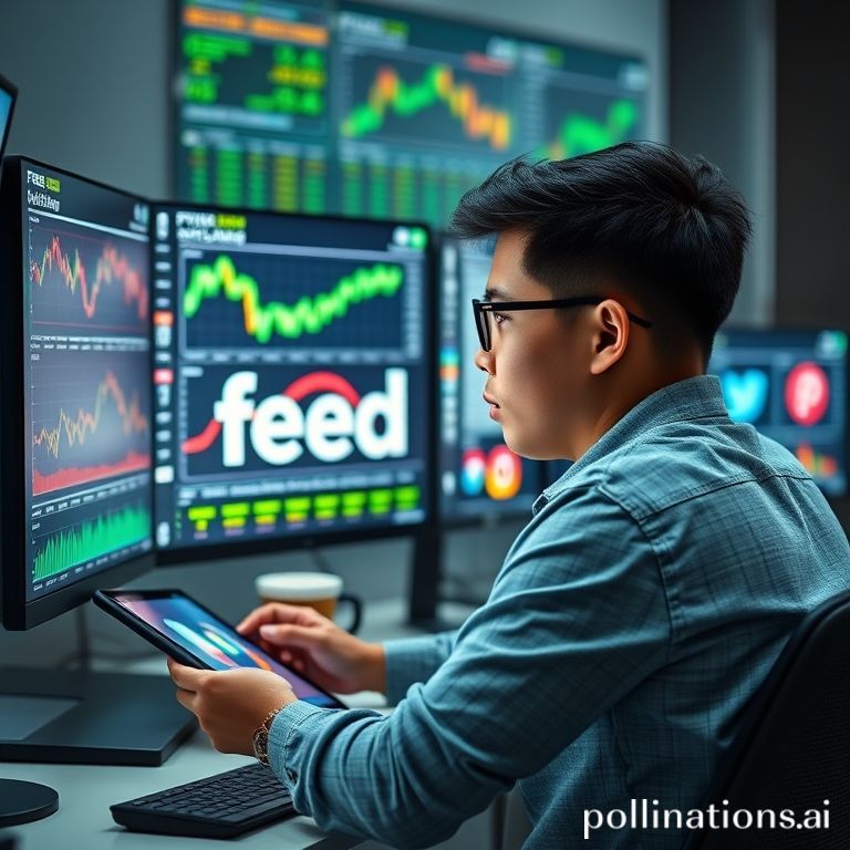 Gambar menunjukkan seorang Gen Z sedang menatap layar monitor komputer atau tablet yang menampilkan berbagai grafik saham, berita keuangan, dan ikon media sosial secara bersamaan, menciptakan kesan informasi yang mengalir deras dan sedikit overwhelming namun tetap fokus. Nuansa digital, biru dan hijau terang mendominasi, dengan sedikit efek glitch atau overlay teks kecil yang merepresentasikan 