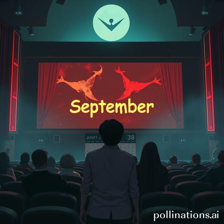 Grafik box office yang menurun tajam di bulan September, dengan poster film horor dan anime yang mendominasi di tengah penjualan tiket yang lesu.