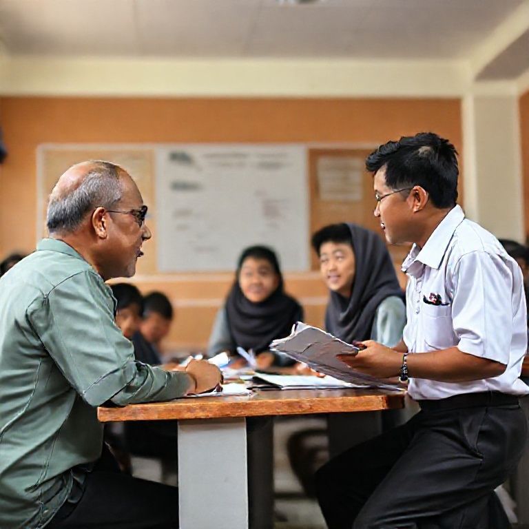 Gambar suasana kelas SD yang penuh warna dengan guru yang tersenyum dan siswa yang sedang aktif berdiskusi secara tertib; menunjukkan suasana belajar yang hangat, ramah, dan tertib.