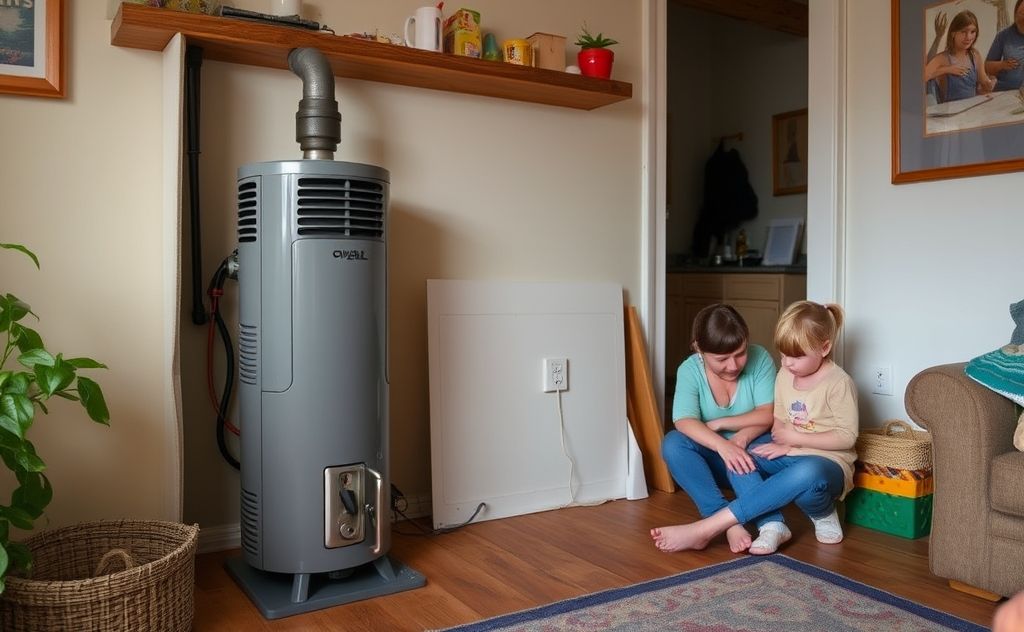 Gas heater in a home setting with a concerned family atmosphere.