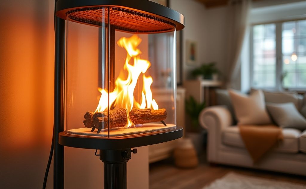 Gas heater with flames and warm ambiance in a cozy living space.