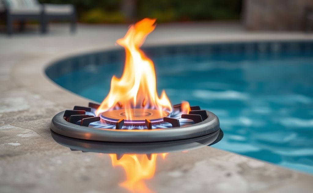 Gas pool heater with flames and water in the background