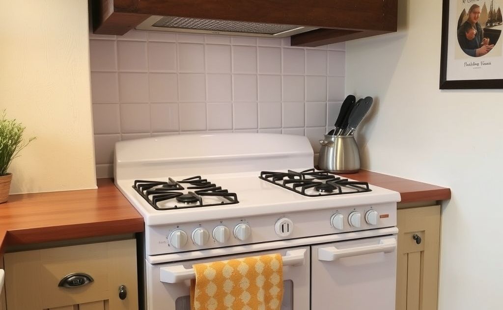Gas stove setup in a cozy kitchen corner