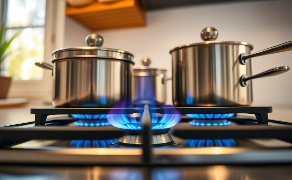 Gas stove with flame and cooking pots on top