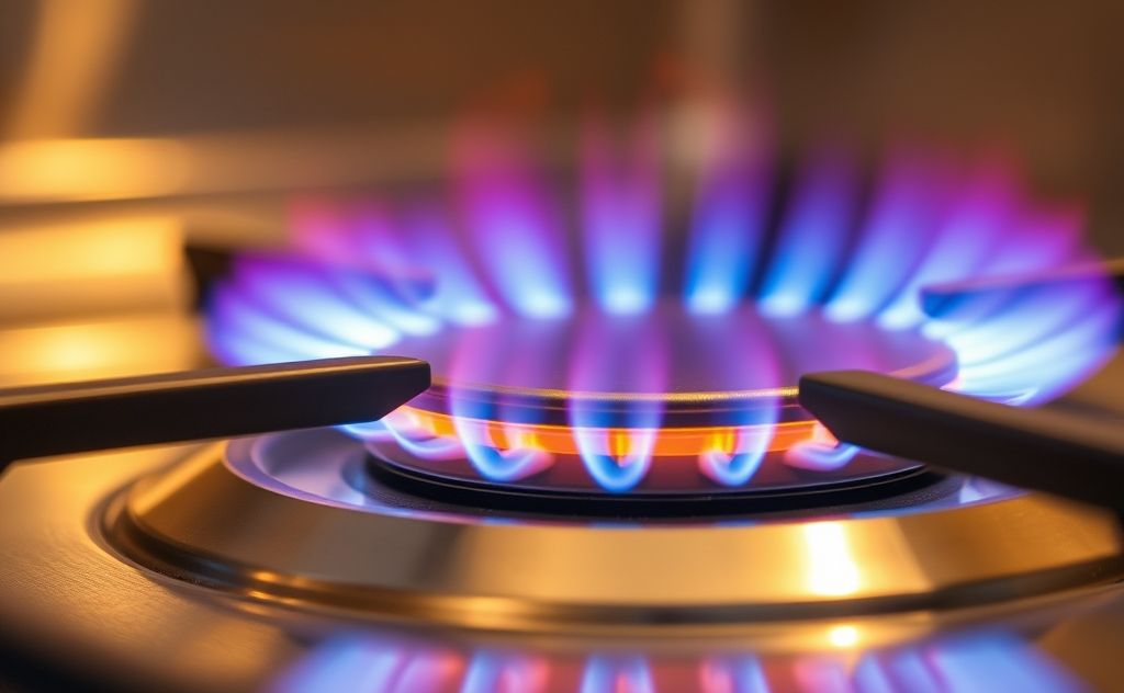 Gas stove with flames and efficient heat output.