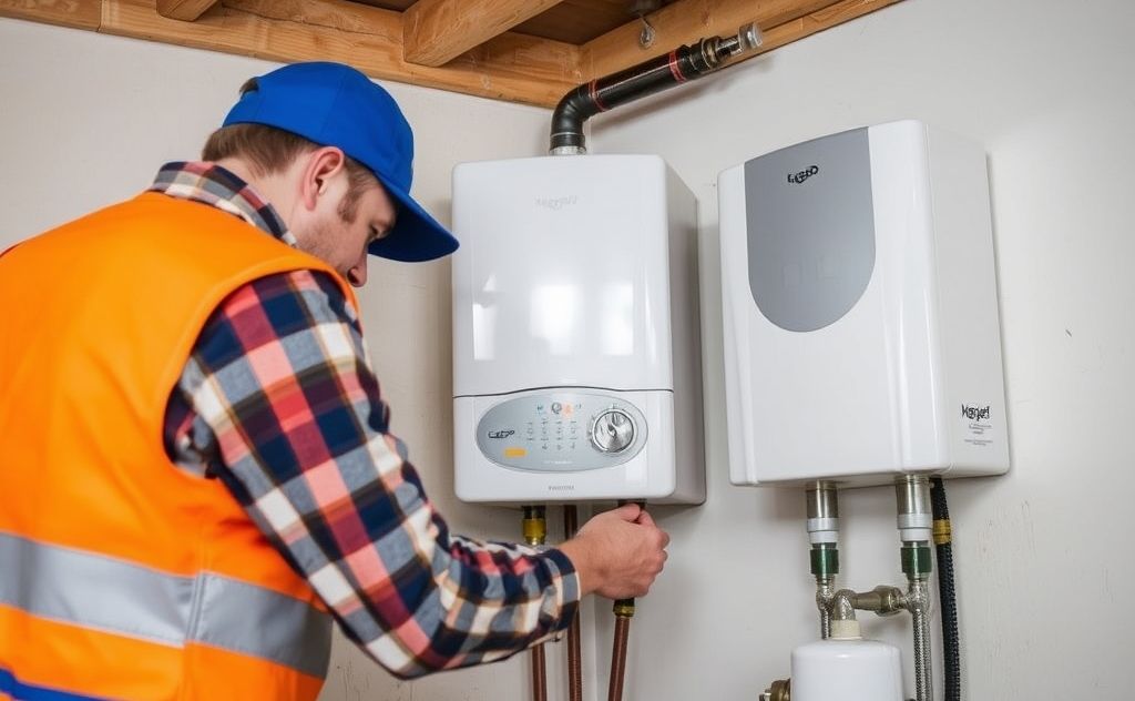 Gas wall heater installation expert at work