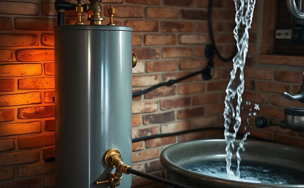 Gas water heater operating with flames and water flow, no electricity needed.