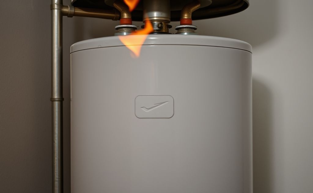 Gas water heater with flames and pipes in action