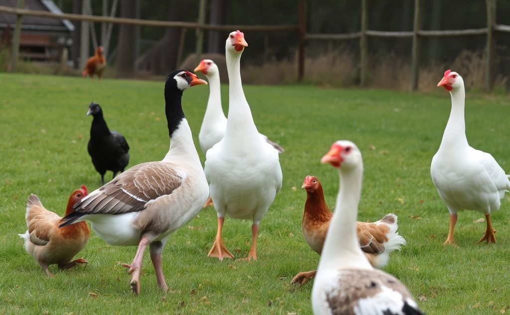 Geese guard chickens with vigilance and noise