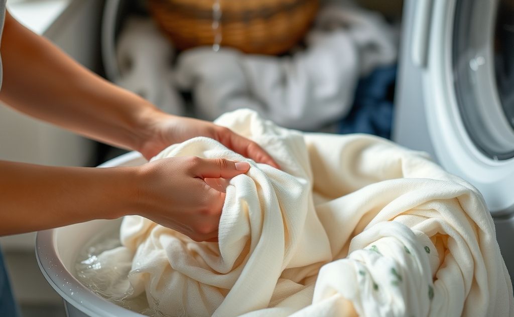 Gentle hands washing delicate fabrics in a serene laundry setting