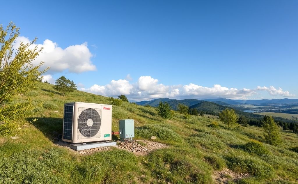 Geothermal heat pump system in a serene landscape