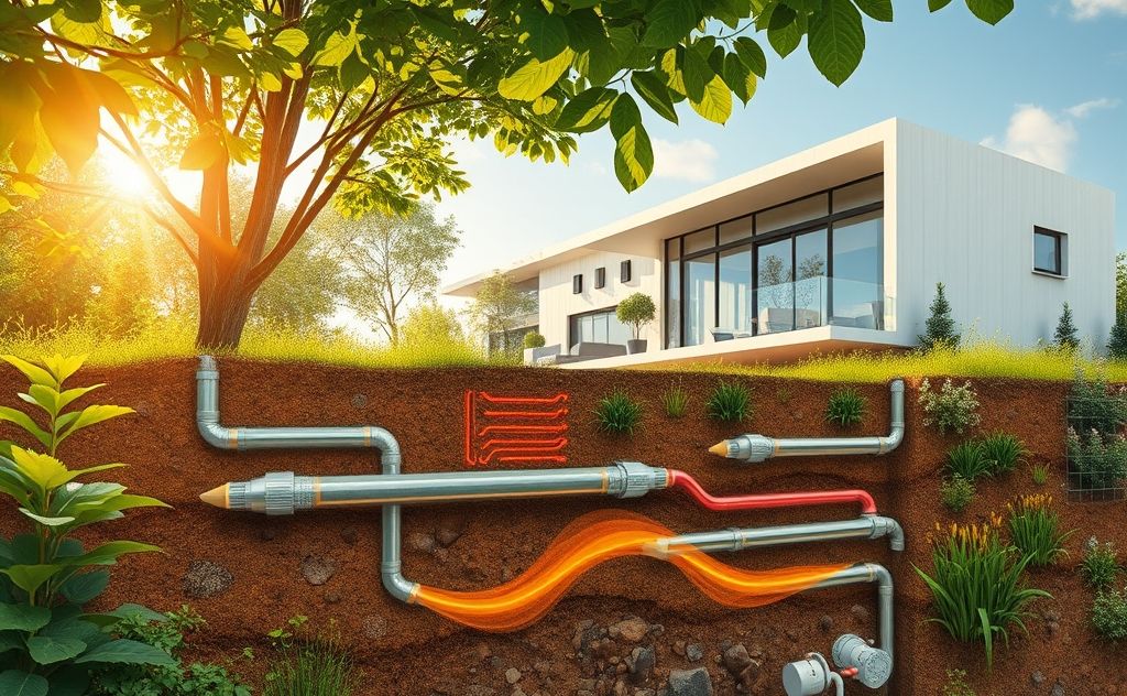 Geothermal heating system design with natural elements and energy flow.