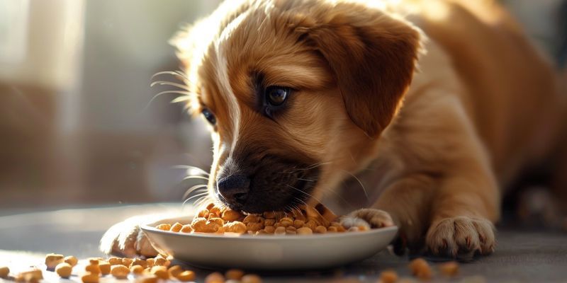 جرو سلالة عملاقة يتناول طعامًا جافًا كبير الحجم مصممًا خصيصًا لدعم نموه الصحي، مع التركيز على حجم الحبيبات وتفاصيل فمه، في ضوء نهاري ناعم.